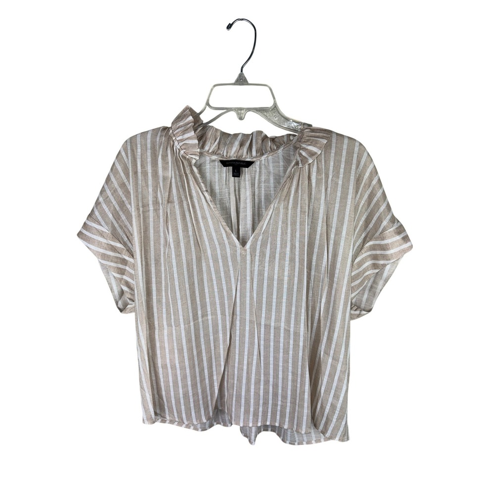 Banana Republic Tan White Striped Ruffle V-Neck Blouse‎ Top Large Short Sleeve